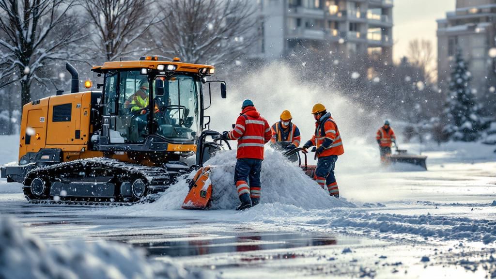 A team of professionals using high-tech equipment to clear snow from a large parking lot, with organized teamwork.