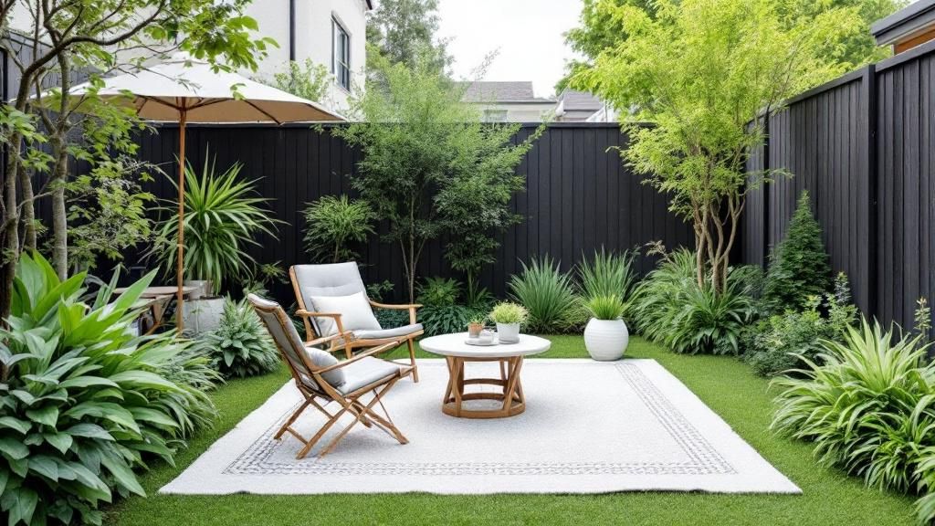 A small yard maximizing space with practical tips, such as foldable furniture and strategic plant placement