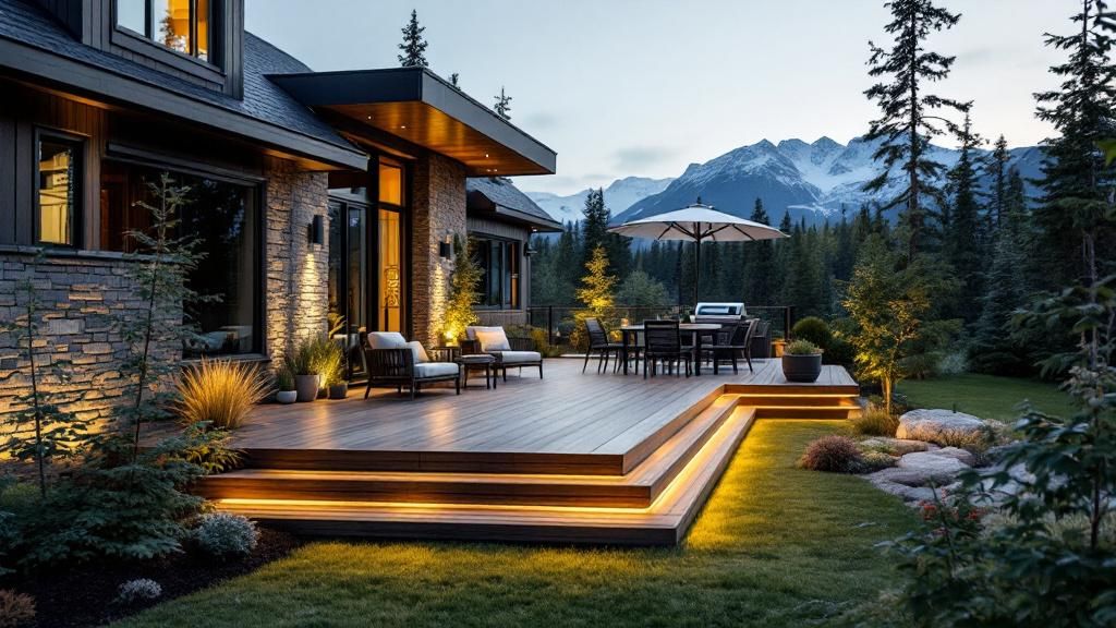 A futuristic design of decks and fences in Anchorage, incorporating sustainable materials and modern technology.