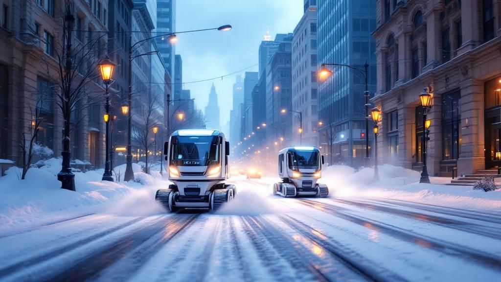 A futuristic image of a city with automated snow removal robots working seamlessly on the streets.