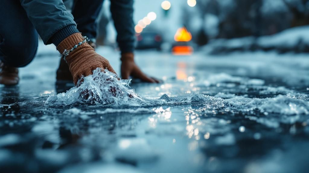 A close-up of a person slipping on ice in a parking lot, with a visible caution sign nearby.