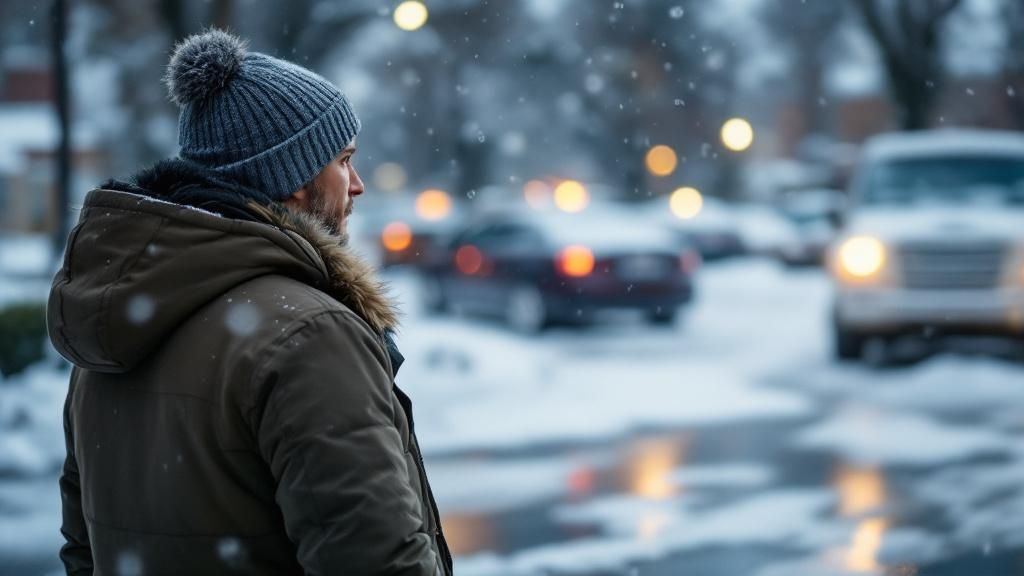 A business owner looking concerned while observing a snowy parking lot, with a focus on icy patches.