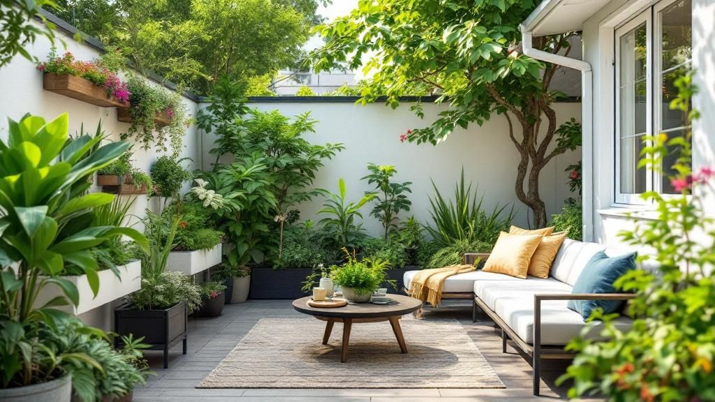A small yard with visible challenges like limited space and creative solutions such as vertical planters and compact furniture