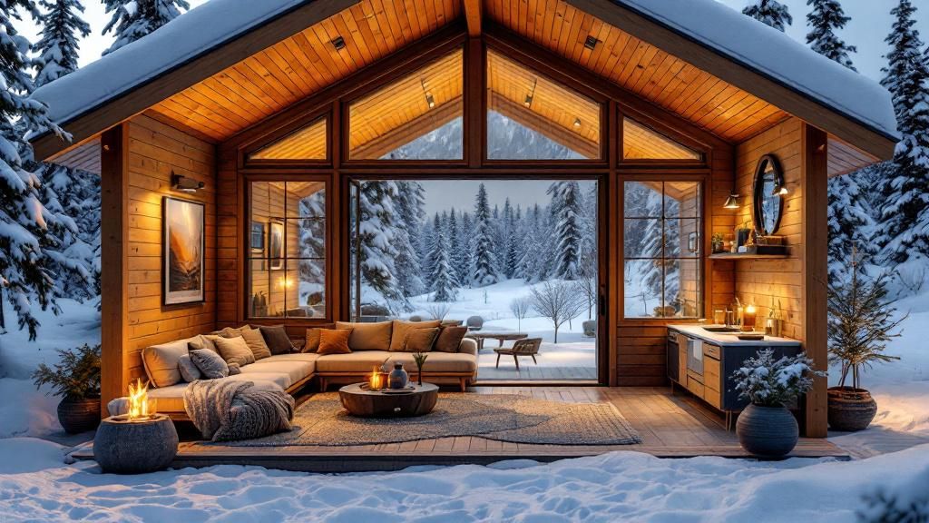 Conceptual image of an Alaskan outdoor living space adapted for extreme weather conditions, with focus on warmth and durability.