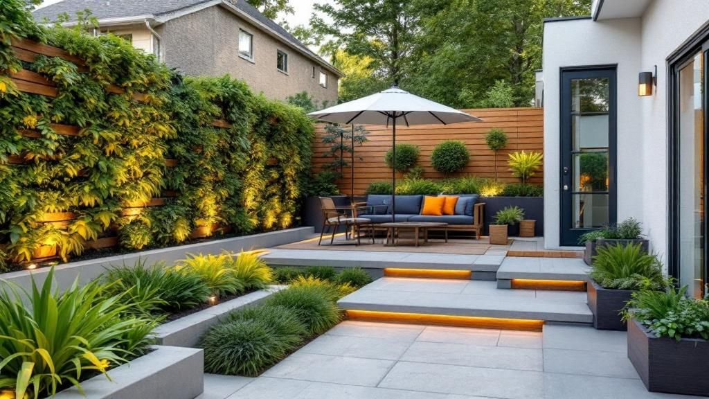 A modern small yard with innovative hardscaping designs, including vertical gardens and multi-level patios