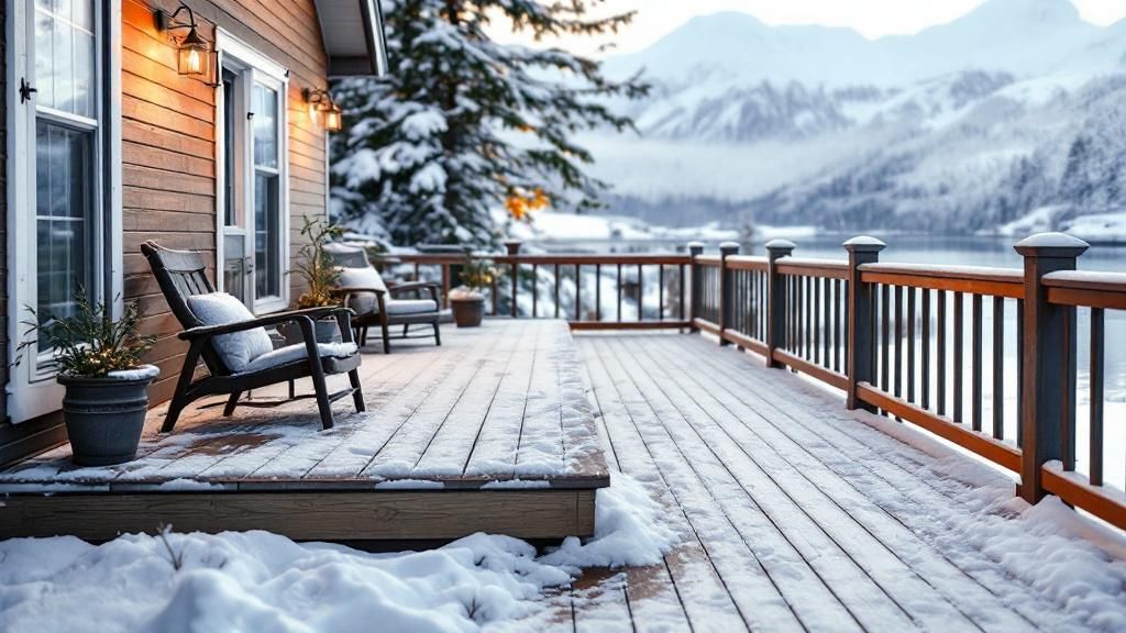 A composite deck in Anchorage with snow and ice, demonstrating resistance to harsh weather conditions.
