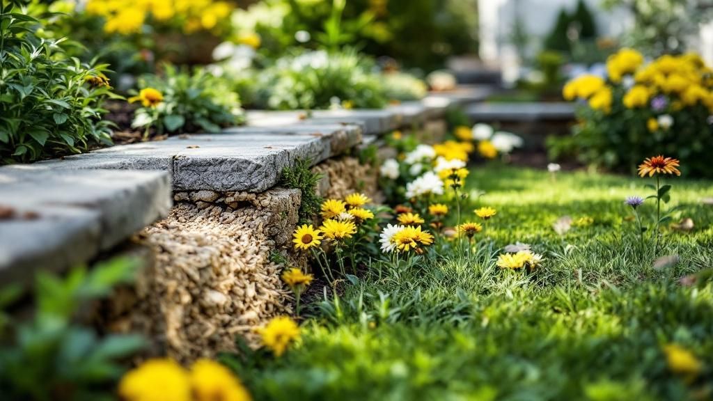 A detailed diagram showing the scientific principles behind hardscaping, like drainage systems and material durability